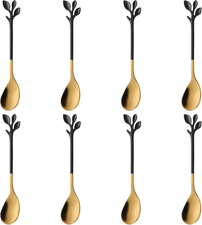 AnSaw 8-Pack Elegant Black & Gold Leaf 4.7" Espresso Spoons - Stainless Steel, Perfect for Coffee, Demitasse, Dessert & Tea, Mini Size for Small Servings