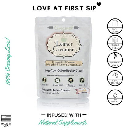 Leaner Creamer Coconut Creamer with Superfood Ingredients – Non-Dairy, Sugar-Free Powdered Coffee Creamer – Original Flavor – 2-Pack Bundle – 280g Each