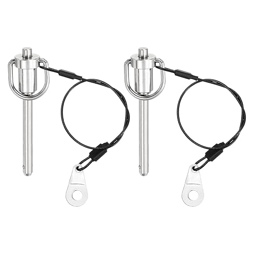 uxcell 2 Pcs Quick Release Pin, 1/4" x 2"(Dia. x L) Push-Button Ball Locking Pin 304 Stainless Steel Ring Handle Locking Pin with Wire for Audio Bimini Top Marine, Silver