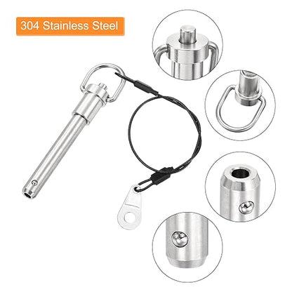 uxcell 1 Pcs Quick Release Pin, 3/8" x 2"(Dia. x L) Push-Button Ball Locking Pin 304 Stainless Steel Ring Handle Locking Pin with Wire for Audio Bimini Top Marine, Silver