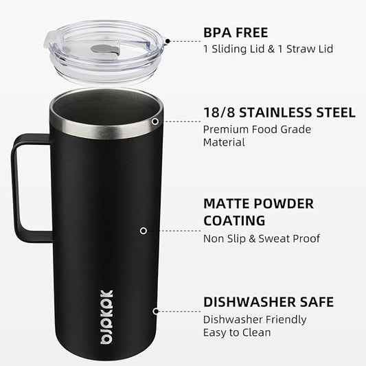 BJPKPK Insulated Coffee Mug with 2 Lids, 32oz Stainless Steel Insulated Tumbler with Handle, Double Wall Vacuum Coffee Cups, BPA Free Travel Mug for Coffee, Tea and Drinks, Black