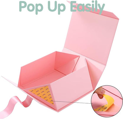 HAPPY POTATO 5 Gift Boxes with Ribbon 9x6.5x3.8 Inches, Pink Gift Boxes with Lids, Bridesmaid Proposal Boxes, Magnetic Gift Boxes for Presents (Glossy Pink, Pack of 5)