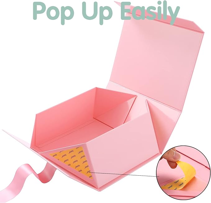 HAPPY POTATO Gift Box for Presents with Ribbon 9x6.5x3.8 Inches, Pink Gift Box with Lid, Bridesmaid Proposal Box (Glossy Pink)