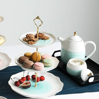 Sweejar 3 Tier Ceramic Cake Stand,Dessert Stand,Cupcake Stand,Tea Party Pastry Serving Platter,Food Display Stand for Tea/Coffee/Birthday/Wedding/Women/Afternoon/Gift - Blue