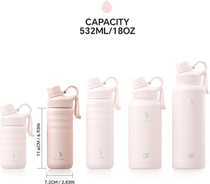 IDEUS Insulated Stainless Steel Water Bottle with 2 Leak-Proof Lids, Thermal Water Flask for Hiking Biking, 18oz, Light Pink