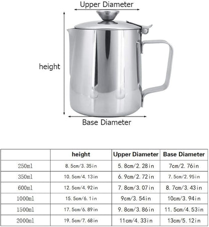 Stainless Steel Coffee Cup Mug Milk Frothing Pitcher Jug with Lid for Latte Coffee Art for Office Kitchen with handle(350mL)