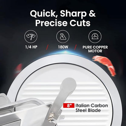 Toogood 8" Commercial Slicer, 1/4 HP Electric Meat Slicer, Italian Carbon Steel Blade, Quiet Performance, Semi-frozen Meat/Cheese/Food Slicer, 0.5mm to 15mm Adjustable Slicing Thickness