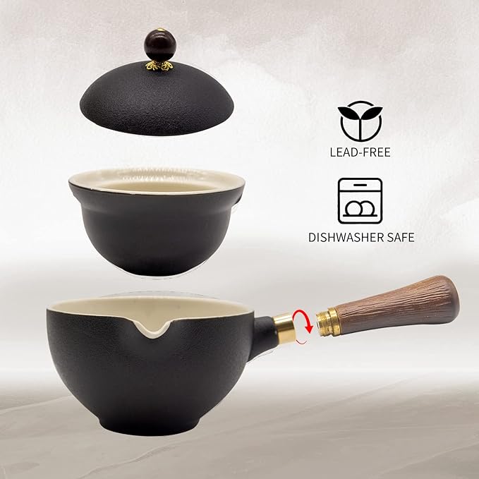 LURRIER Porcelain Chinese Gongfu Tea Set,Portable Teapot Set with 360 Rotation Tea maker and Infuser,Portable All in One Gift Bag for Travel,Home,Gifting,Outdoor and Office (Black)