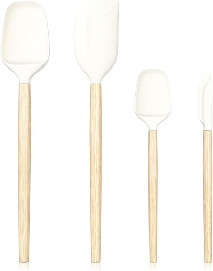 Wooden Handle Silicone Rubber Spatula Set for Kitchen Baking, Cooking, and Mixing High Heat Resistant Non Stick Dishwasher Safe BPA-Free Black+blue Set of 2 (Wooden Handle Spatula 4Piece)