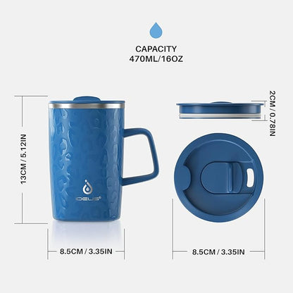 Ideus Vacuum Insulated Coffee Mug, 16oz Reusable Stainless Steel Thermal Double Walled cup with Handle and Slider Lid for Hot & Cold Beverages, BPA Free (Leapord Blue)