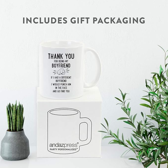 Andaz Press Funny Family 11oz. Coffee Mug Gift, Thank You for Being My Boyfriend, Punch in Face, 1-Pack, Christmas Birthday Drinking Cup Present Ideas
