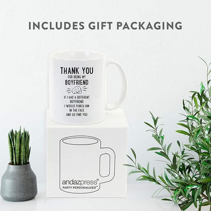 Andaz Press Funny Family 11oz. Coffee Mug Gift, Thank You for Being My Boyfriend, Punch in Face, 1-Pack, Christmas Birthday Drinking Cup Present Ideas