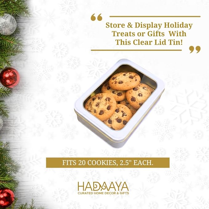 Pack of 6 Pearl White Rectangular Tin Container With Clear Lid, Multipurpose Tin Box, Festive Tin Box for Gift Giving, Cookies, Stationery & More - 7.25 x 5.25 x 2.25 Inches