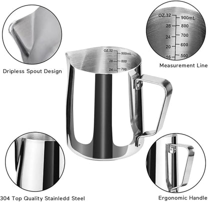 Milk Frothing Jug, Milk Frothing Pitcher Pouring Jug Espresso Cup with Measurement Inside 32oz/900ml Stainless Steel Creamer Cup for Making Coffee Cappuccino Hot Chocolate Machine