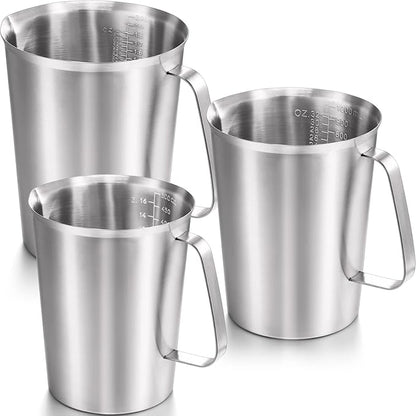 Flutesan 3 Pcs Stainless Steel Measuring Cups Measuring Pitcher with Handle with Markings for Latte Art, Water Pouring 2/4/8 Cup (16/32/64 oz)