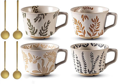 Ceramic Mug Set of 4 with Coffee Spoon, 11oz - Vintage Coffee Mug Cups for Coffee Milk Latte Cappuccino Tea, Porcelain Coffee Cups Dishwasher Microwave Freezer Safe Stoneware