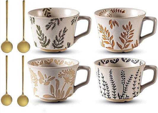 Ceramic Mug Set of 4 with Coffee Spoon, 11oz - Vintage Coffee Mug Cups for Coffee Milk Latte Cappuccino Tea, Porcelain Coffee Cups Dishwasher Microwave Freezer Safe Stoneware