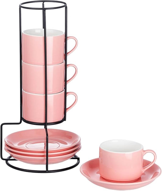 4oz Porcelain Stackable Espresso Cups with Saucers and Metal Stand Set of 4, Stackable Cappuccino Cups, Pink Expresso Shots Cup Set for Coffee Drinks, Latte, Americano, Tea