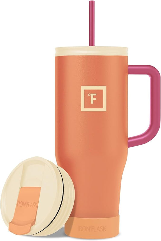 IRON °FLASK Co-Pilot Insulated Mug w/Boot, Straw & Flip Cap Lids - Cup Holder Bottle for Hot, Cold Drink - Leak-Proof - Water, Coffee Portable Travel Mug - Dream Sunset, 40 Oz