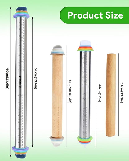 Adjustable Rolling Pin with Thickness Rings for Baking, Adjustable Stainless Steel Designs Dough Roller Pins for Cookie Decorating & Dough Pizza Pie Adjustable Long Rolling Pin 23.6 Inch