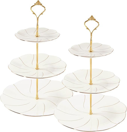 DUJUST 2pcs Porcelain 3-Tier Cupcake Stand Tower, British Style Serving Tray with Golden Trim, Food Grade Dessert Display Stand, Beautiful Gift for Tea Party & Home Décor
