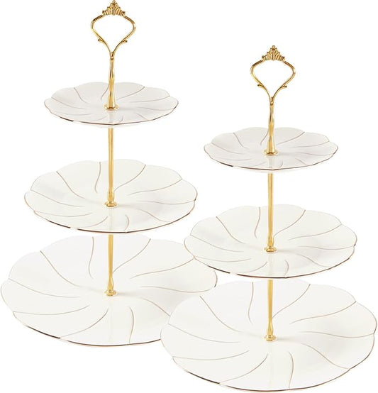 DUJUST 2pcs Porcelain 3-Tier Cupcake Stand Tower, British Style Serving Tray with Golden Trim, Food Grade Dessert Display Stand, Beautiful Gift for Tea Party & Home Décor