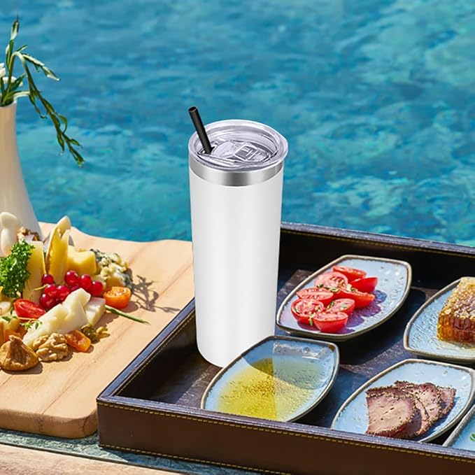 VEGOND Stainless Steel Tumblers Bulk 8 Pack, 20 oz Vacuum Insulated Skinny Tumblers with Lid and Straw, Double Wall Coffee Mug, Travel Water Cup, White