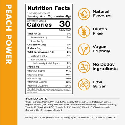 Energy Bytes Caffeine Gummies | Instant Energy Chews for Running, Cycling and Sports Performance | Vegan, Low Sugar | Peach Power (12-Pack)