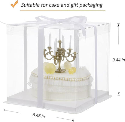 XININSUN 6Pcs clear cake Box with Ribbon, 8 X 8 X 9inch tall cake box,8inch Bakery Take Out Transport Containers Clear Gift Boxes for Wedding, Birthday, Party