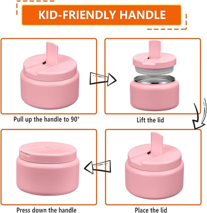 13.5oz Kids Thermos for Hot Food, Insulated Vacuum Food Jar with Buckle Lid, Stainless Steel Wide Mouth Leak Proof Insulated Lunch Container for School Picnic Travel,Pink