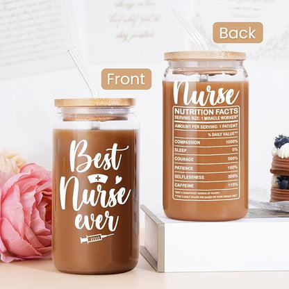 SANDJEST Nurse Cup 16 Oz Glass Can with Bamboo Lid and Straw - Nurse Gifts for Women - Appreciation Nursing Gifts for Female on Birthday