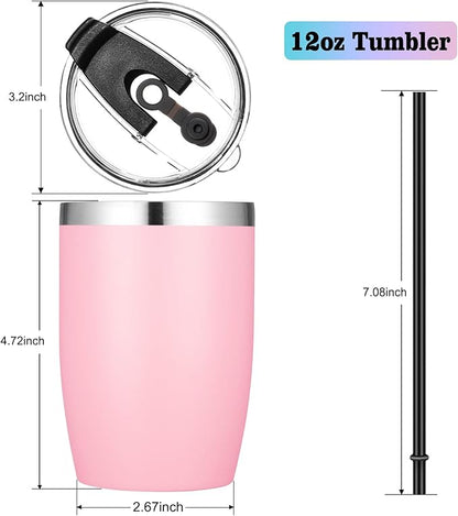 VEGOND Stainless Steel 12 oz Tumblers bulk Vacuum Insulated Double Wall Travel Tumbler with Lid and Straw Reusable Tumbler, Pink 1 Pack