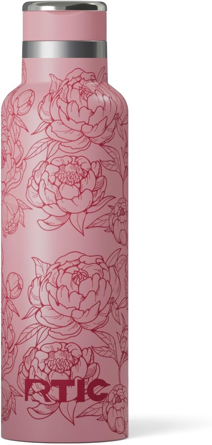 RTIC 20oz Journey Bottle Metal Stainless Steel Vacuum Insulated, BPA Free, Reusable, for Water, Hot and Cold Drinks, Travel, Sports, Camping, Pink Peonies