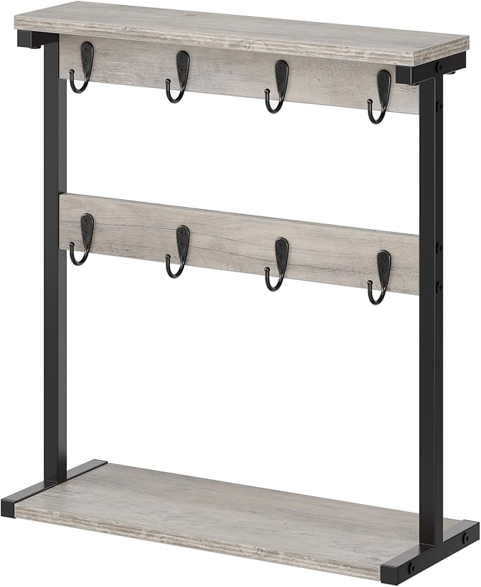 Coffee Mug Holder for Counter, 2 Tier Mug Tree Rack, with 8 Hook and 2 Open Shelves, Vintage Mug Holder Stand for Home Kitchen, Greige MH43BG