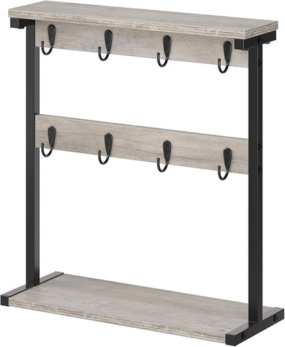 Coffee Mug Holder for Counter, 2 Tier Mug Tree Rack, with 8 Hook and 2 Open Shelves, Vintage Mug Holder Stand for Home Kitchen, Greige MH43BG