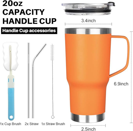 20 oz Tumbler with Handle, Stainless Steel Insulated Tumbler with Lid and Straw, Double Wall Vacuum Coffee Mug Tumbler, Insulated Coffee Thermal Cup for Cold and Hot (Orange, 20 Ounces)