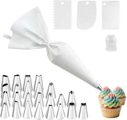 Stainless Steel Piping Tips Set with Reusable Piping Bags - Professional Icing Bags and Tips Set for Cake Decorating - Cupcakes, Cookies, Chocolate - Ultimate Cake Decorating Tips Kit (White)
