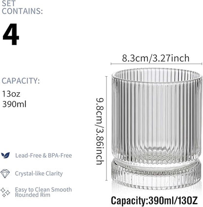 Ribbed Glass Cups Set, 390ml Vintage Drinking Glassware Set of 4, Cocktail Glasses, Low Ball Ribbed Glassware, Mixed Glassware Set, Premium Whiskey Glasses, Ideal for House of Glass