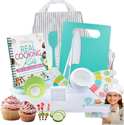 Tovla Jr. Kids Real Cooking Set | Cooking Tools for Kids Ages 5–12 | Montessori-Inspired Beginner Kitchen Kit with Visual Recipe Cookbook & Storage Case | Christmas & Birthday Gift for Boys & Girls