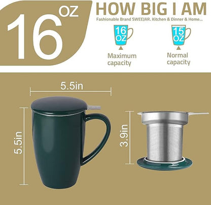 Sweejar Porcelain Tea Infuser Mug with Lid, 16 oz Teacup with Strainers for Loose Leaf Tea, Microwave and Dishwasher Safe Coffee Mug(New Jade)