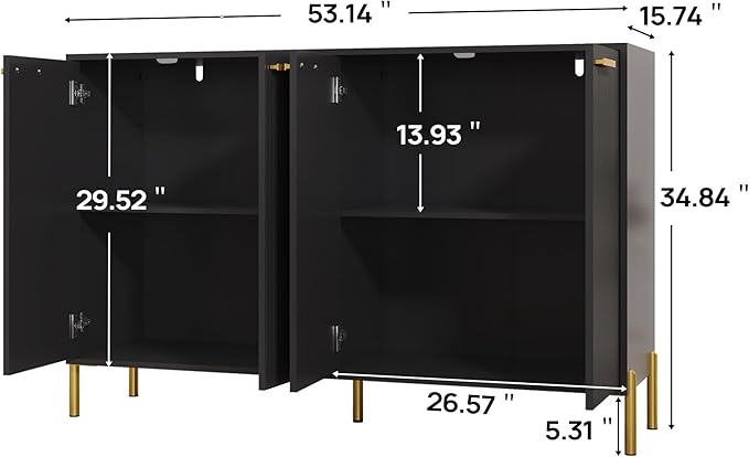 Black Fluted Sideboard Cabinet - Luxury Buffet Table with 4 Doors, Large Coffee Bar Station for Living Room, Kitchen, Hallway, Entryway Storage