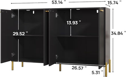 Black Fluted Sideboard Cabinet - Luxury Buffet Table with 4 Doors, Large Coffee Bar Station for Living Room, Kitchen, Hallway, Entryway Storage