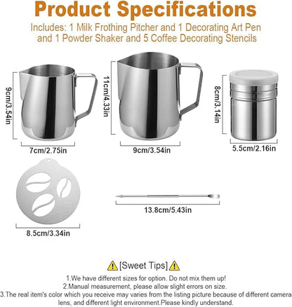 4Pieces Stainless Steel Milk Frothing Pitcher Set, Latte Art Barista Steaming Pitchers Set -Include Milk Frother Cup, Latte Art Pen, Powder Shaker, 5pcs Coffee Decorating Stencils (350ml/11oz)