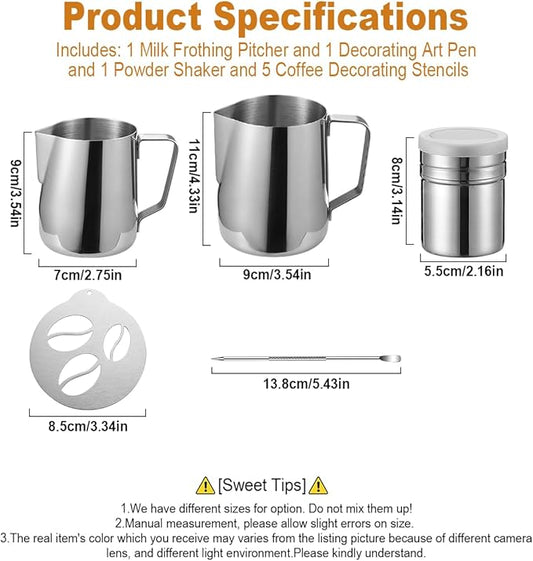 4Pieces Stainless Steel Milk Frothing Pitcher Set, Latte Art Barista Steaming Pitchers Set -Include Milk Frother Cup, Latte Art Pen, Powder Shaker, 5pcs Coffee Decorating Stencils (350ml/11oz)