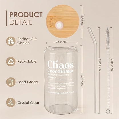 Chaos Coordinator 16oz Can Glass Tumbler with Bamboo Lid & Straw, Iced Coffee Cup for Female Coworker Friends Colleagues, Aesthetic Cups Gifts for Birthday Christmas Farewell Retirement