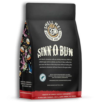 Bones Coffee Company Cinnamon Roll Flavored Coffee, Medium Roast Low Acid Arabica Beans Compatible with Auto drip and French Press Coffee Maker, 12 Oz Ground