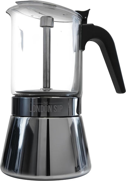 London Sip Glass and Stainless Steel Stovetop Espresso Maker Moka Pot Italian Coffee Percolator, Matte Black, Large (15.2 oz)