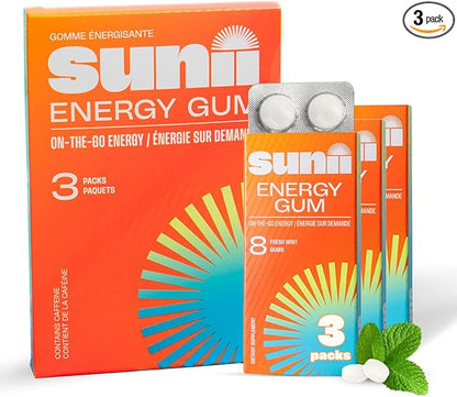 Sunii - Energy Gum - NEW Quick Boost Energy & Focus - 50mg Caffeine Gum -Vitamins B6 & B12, Taurine, Vegan, No Sugar, Zero Calorie, Fresh Mint Taste - Faster than Chews, Drinks, Gels & Pills (24pcs)