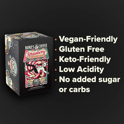 Bones Coffee Company Strawberry Cheesecake Flavored Coffee Pods, Low Acid Medium Roast Single-Serve Bones Cups, Compatible with 1.0 & 2.0 K-Cups Brewers Coffee Maker, 12 Count