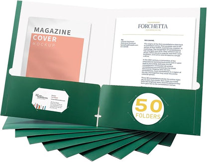 Zzrywuty File Folders with Pockets Letter Size, 50-Pack Paper Folders with Card Slot, Two Pocket Folders for School Students, Businessmen, Home and Office Workers（Dark Green）